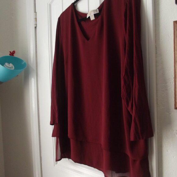 Burgundy / Maroon Top Blouse Long Sleeve Chiffon & Jersey Knit Size 1X - Picture 7 of 7